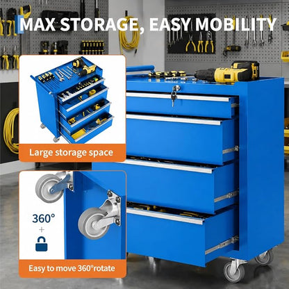 Garvee Rolling Tool Chest, 4 Drawers Tool Storage Cabinet, Toolbox with Wheels, Portable Tool Cabinet Organizer with Locking System & Drawer Liners, Tool Storage Cart for Garage, Workshop, Blue