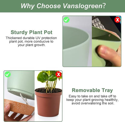 Vanslogreen Planters for Indoor Plants, 10/9/8 Inch Self Watering Plant Pots with Drainage Hole, Plastic Planters Flower Pots for Indoor Outdoor Plants (Green)