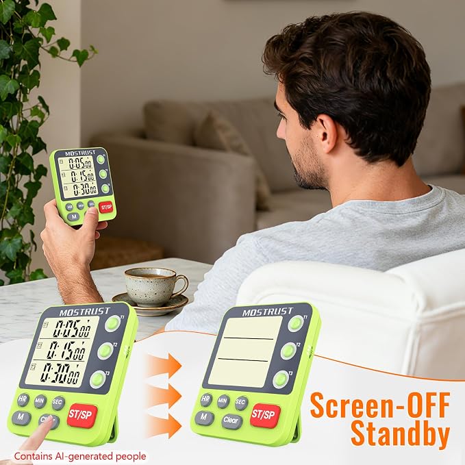 Digital Dual Kitchen Timer, 3 Channels Countdown Triple Timer for Cooking, Magnetic Memory-Preset Large-Display Adjustable Alarm Volume, Multi Times Management, 3A Battery Included, Green