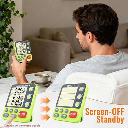 Digital Dual Kitchen Timer, 3 Channels Countdown Triple Timer for Cooking, Magnetic Memory-Preset Large-Display Adjustable Alarm Volume, Multi Times Management, 3A Battery Included, Green
