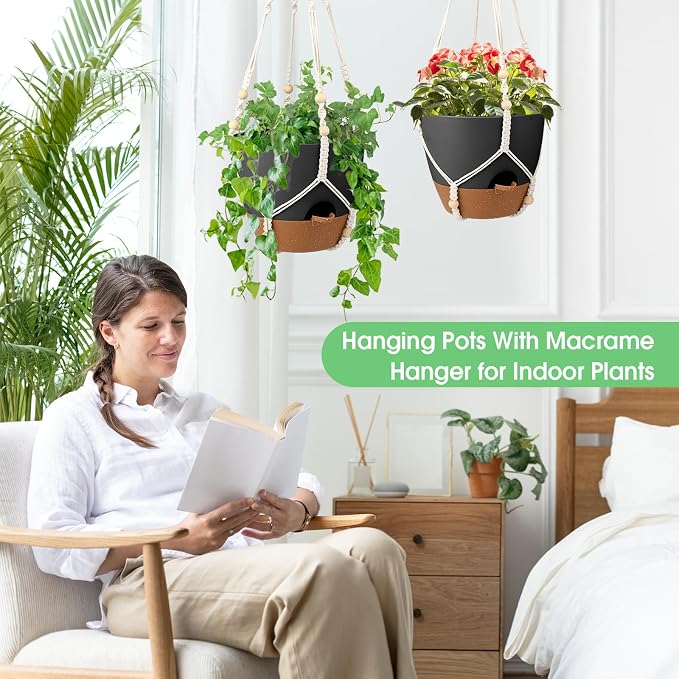 Hanging Planters for Indoor Outdoor Plants, 2 Pack Self Watering Hanging Pot with Drainage Holes, Removable Tray & 2 Kinds of Plant Hangers, 10'' Hanging Flower Pots for Home Garden Decor, Black