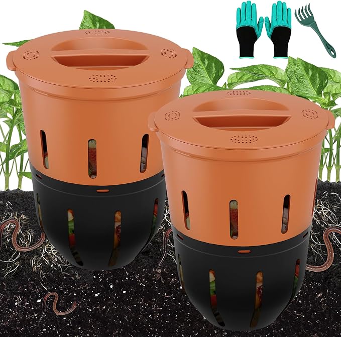 In-Ground Worm Compost Bin, 2 Pack 3.3 Gallon Worm Composter for Raised Garden Beds, BPA-Free Worm Compost Bin for Recycling Food Waste, Low-Maintenance Outdoor Composting System