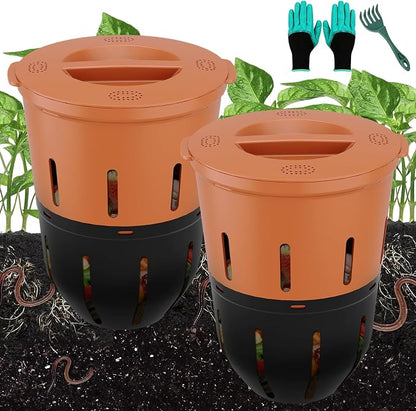 In-Ground Worm Compost Bin, 2 Pack 3.3 Gallon Worm Composter for Raised Garden Beds, BPA-Free Worm Compost Bin for Recycling Food Waste, Low-Maintenance Outdoor Composting System