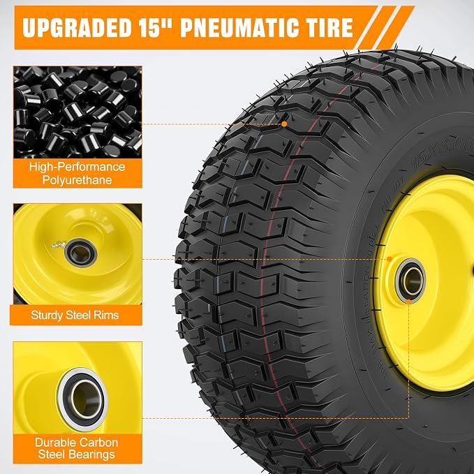 Yesker (1-Pack)15x6.00-6 Pneumatic Lawn Mower Tire and Wheel with 3/4" Bearing Bore, 15x6-6nhs Rubber Riding Lawnmower Tires with 3" Center Hub