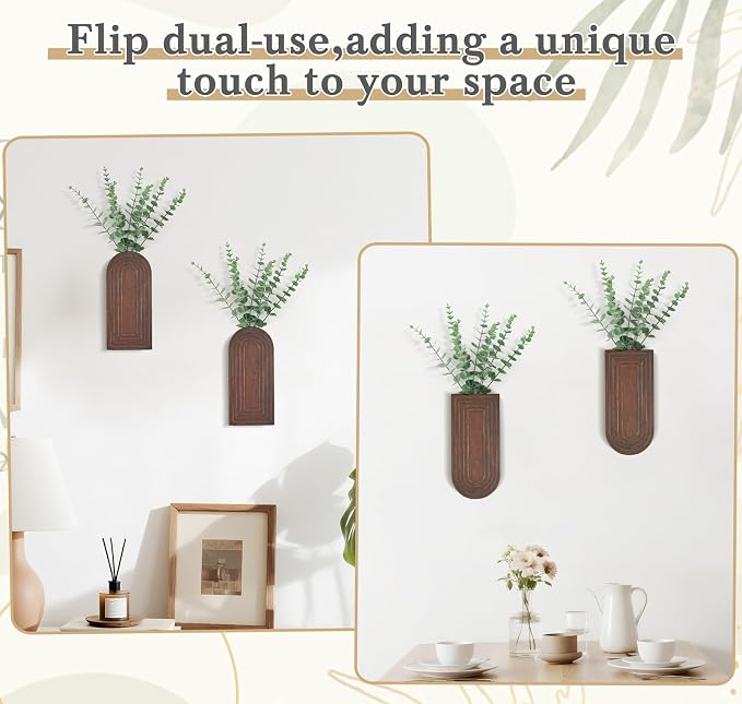 Dahey Wood Wall Vase Planter with Artificial Eucalyptus, 2 Pack Hanging Planter for Indoor Fake Plants Modern Boho Farmhouse Wall Art Decor for Bathroom Bedroom Kitchen Office Home Decoration, Brown