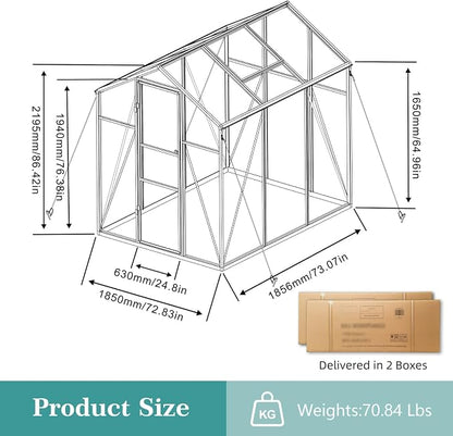 6x6 FT Greenhouse, Walk-in Heavy Duty Polycarbonate Outdoor Greenhouses with Raised Base & Anchor, Height-Enhanced Aluminum Frame, & Drainage System for Backyard All Season Growing, Black