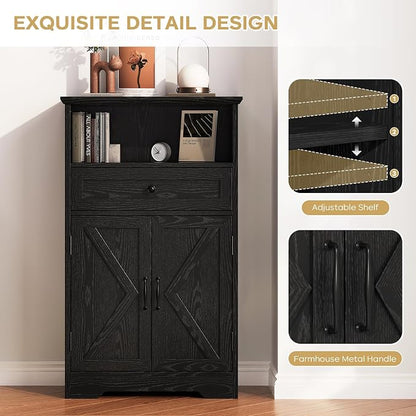 Floor Cabinet, Farmhouse Storage Cabinet with Barn Doors and Drawer, 11.81" D x 23.62" W x 39.37" H Black Freestanding Adjustable Shelf Organizer for Bathroom, Kitchen, Living Room