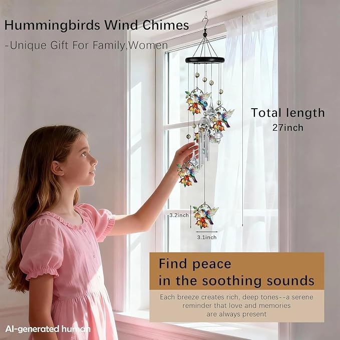 27'' Hummingbird Wind Chimes for Outside,Chimes Hummingbirds Gifts for Mom | Large Windchimes With Crystals, Metal Memorial Chimes Window Garden/Yard Outdoor Decor,Birthday Gifts for Women Grandma
