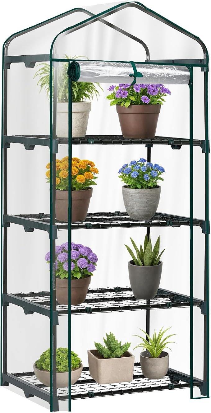 Outvita Mini Greenhouse, Small PVC Plant Green House with 4 Tiers Rack, Shelf Clips, Roll-up Zipper Door, Gardening Supplies for Indoor Outdoor Seedling Frost Protection, 27"x19.6"x63" Transparent