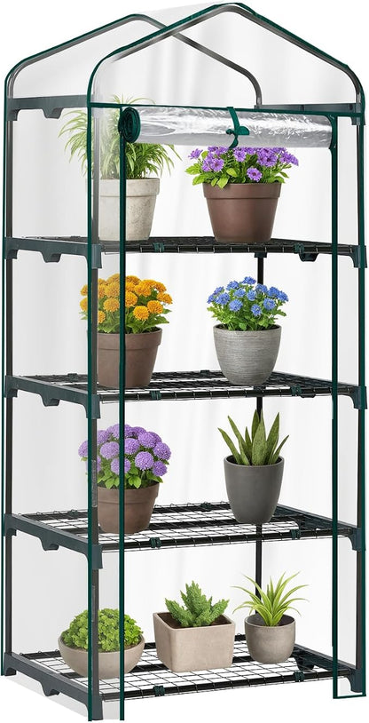 Outvita Mini Greenhouse, Small PVC Plant Green House with 4 Tiers Rack, Shelf Clips, Roll-up Zipper Door, Gardening Supplies for Indoor Outdoor Seedling Frost Protection, 27"x19.6"x63" Transparent