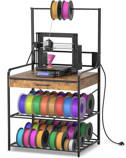 3D Printer Stand with Power Hub and Top Storage Shelf – Heavy Duty X-Bracket Stability, 3-Tier Storage & Tool Organizer for Workshop and Office