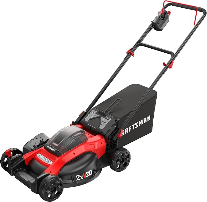 CRAFTSMAN V20 20 in Lawn Mower, 2 x 5Ah Batteries and 2 Chargers Included, High Effeciency Brushless Motor, Push Mower, Up to 50 Min of Runtime, Lightweight, Grass Bag, Low Profile (CMCMW220P2)