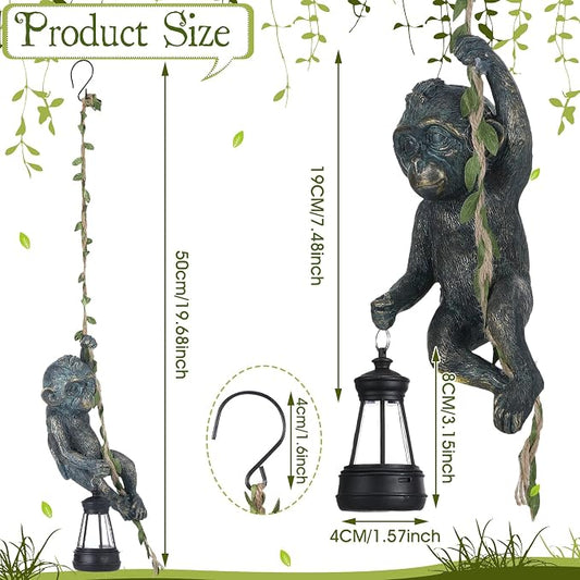 Rossesay Solar Light Outdoor Monkey Statues Bronze 7.48 Inch Resin Chimpanzee Baby Monkey Climbing on Vine with LED Lantern Waterproof Hanging Figurine with Hook for Yard Garden Wall