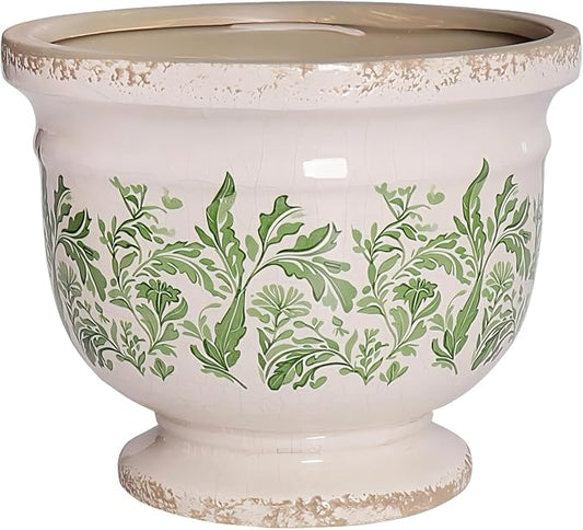 Vintage Ceramic Planter Pot with Drainage, 6.8 Inch Large Crackle Glaze Flower Pot with Green Floral Leaf Pattern for Succulents, Flowers, Farmhouse Country Rustic Planters for Gardening Gift