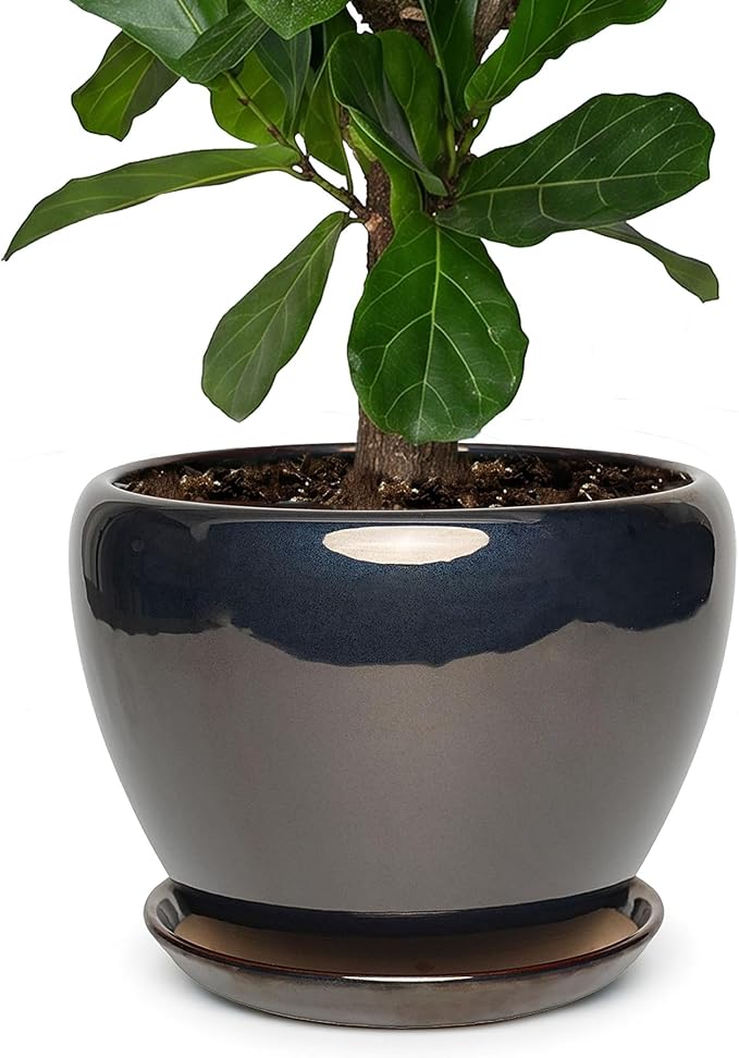 11 Inch Ceramic Plant Pot with Drainage Hole Mesh Net, Large Gardening Pots for Indoor Plants with Saucer, Black