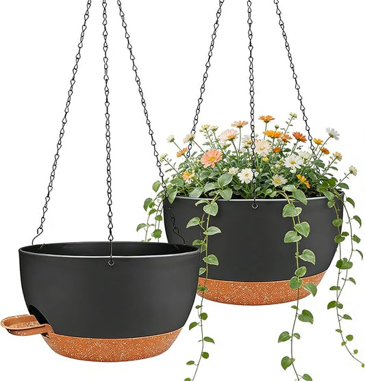 12 Inch Self Watering Hanging Planters 2 Pack, Black Brown | Plastic planters with drainage holes and saucers. Suitable for indoor, outdoor, kitchen, balcony and garden plant decor.