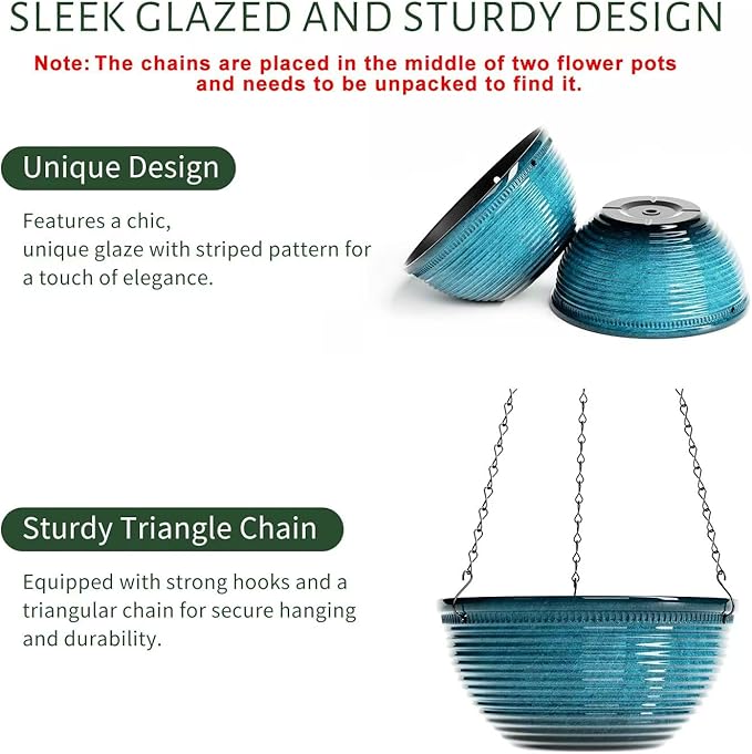 Vanslogreen 2 Pack Hanging Planters for Indoor Outdoor Plants, 10 Inch Hanging Planter with Drainage Hole & Plug Glazed Hanging Baskets Flower Pots for Garden Home (Blue)