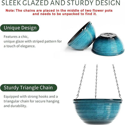 Vanslogreen 2 Pack Hanging Planters for Indoor Outdoor Plants, 10 Inch Hanging Planter with Drainage Hole & Plug Glazed Hanging Baskets Flower Pots for Garden Home (Blue)