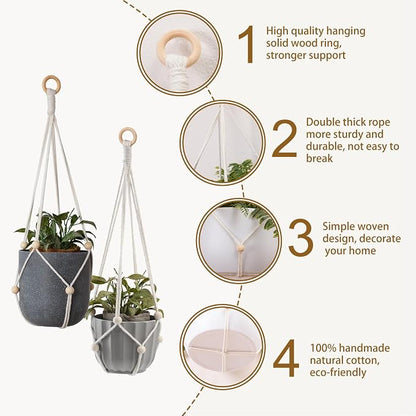 Artilady Hanging Planter for Indoor Plants Adjust Bead Macrame Plant Hanger | White Plant Holder, Large Hanging Baskets for Plants Outdoor, No Tassels, Farmhouse Rustic, Window Balcony Home Decor, 2Pcs
