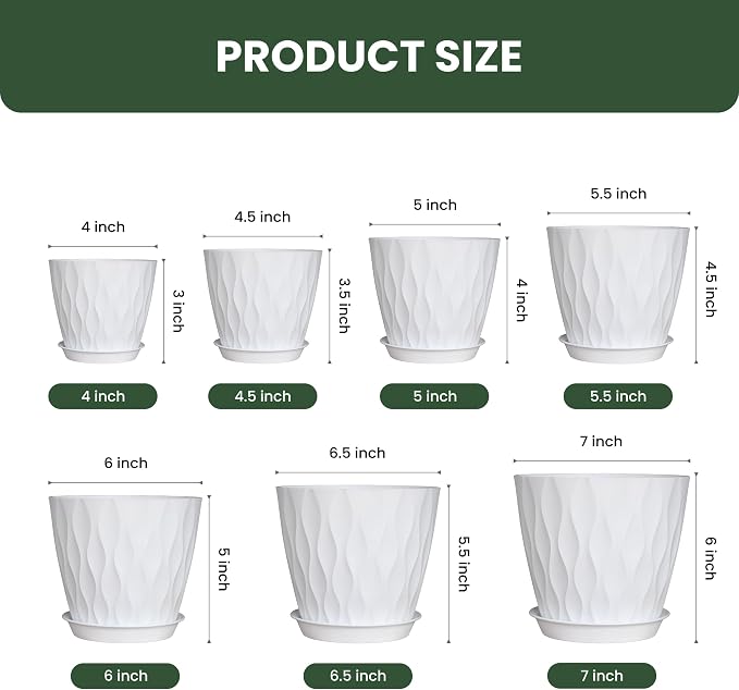Plant Pots, Plastic Flower Pots for Indoor & Outdoor Plants, Planters with Drainage Holes and Saucer, Garden Pot for Plants (White 7/6.5/6/5.5/5/4.5/4 inch)