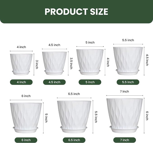 Plant Pots, Plastic Flower Pots for Indoor & Outdoor Plants, Planters with Drainage Holes and Saucer, Garden Pot for Plants (White 7/6.5/6/5.5/5/4.5/4 inch)