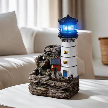 Tolevoit Indoor Tabletop Water Fountain, Mediterranean Coastal Lighthouse Waterfall with Blue LED Light, Relaxing Zen Desk Fountain for Office & Bedroom, Nautical Home Decor Stress Relief Gift