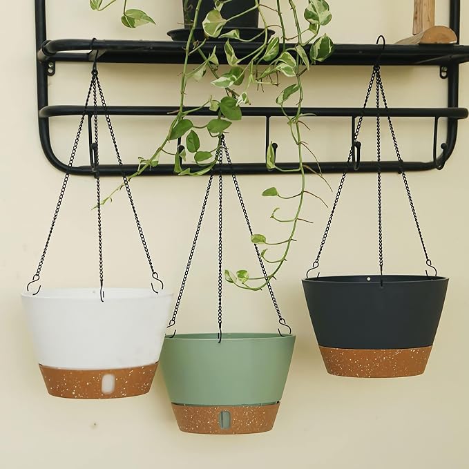 ZMTECH 2 Pack 10 Inch Hanging Baskets for Plants Outdoor Indoor, Modern Green Planters with Water Level Window & Metal Chain for Balcony Patio Garden Home Decor