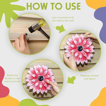 Zhehao 9 Pcs 8 Inch Metal Flower Wall Art Hanging 3D Daisy Decor Metal Flowers Outdoor Decor Multicolored Layered Floral Sunflower Wall Decorations for Indoor Home Room Office Garden Porch Patio