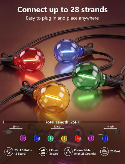 G40 LED Outdoor String Lights，25Ft Globe Multicolor Christmas Decorations String Lights with 27 Shatterproof LED Bulbs, Hanging Outdoor Patio Lights for Outside Backyard Porch Balcony Party- Black