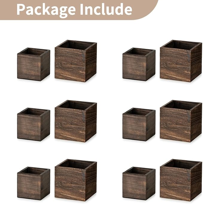 NUPTIO Wooden Box for Centerpiece Wedding: 12 Pcs Rustic Square Planter Box for Christmas Table Fall Decorations - 4×4" & 5×5" Small Wood Vases Flower Pots for Windowsill Home Garden Decor