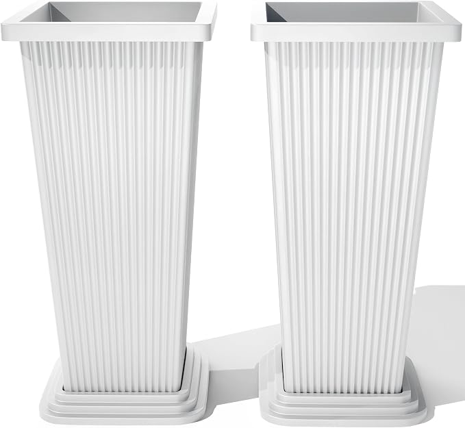 FENCY Set of 2 Tall Planters for Outdoor Plants, White Ribbed | 24 Inch, with Drainage Hole & Trays, Plastic Tapered Pots, Weather-Resistant, Front Door Decor