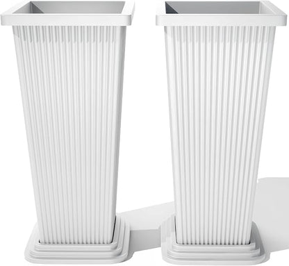 FENCY Set of 2 Tall Planters for Outdoor Plants, White Ribbed | 24 Inch, with Drainage Hole & Trays, Plastic Tapered Pots, Weather-Resistant, Front Door Decor
