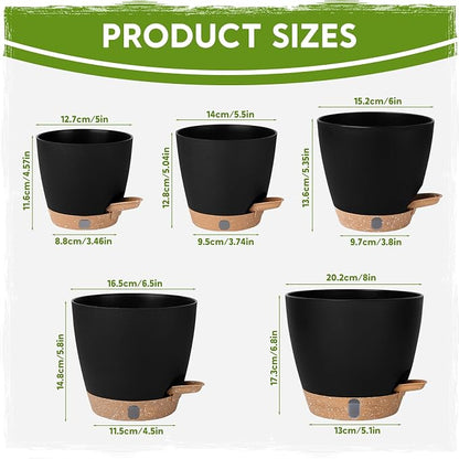 Self Watering Pots for Indoor Plants (5/5.5/6/6.5/8 Inch), Terra Cotta Planters with Water Level Indicator & Drainage,Wicking Pots for Monstera, Herbs & Snake Plant (Black, 5/5.5/6/6.5/8 Inch)