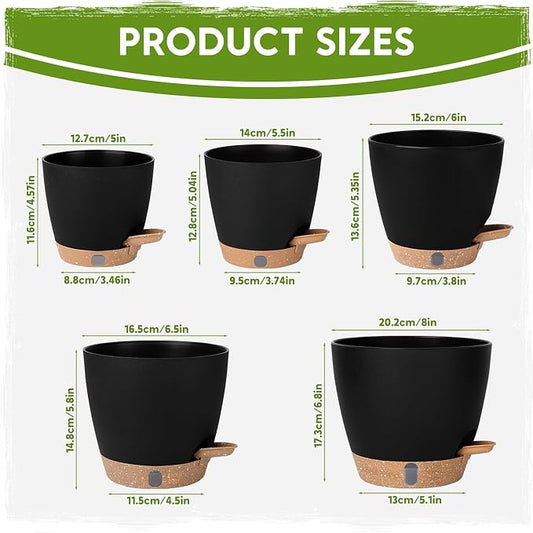 Self Watering Pots for Indoor Plants (5/5.5/6/6.5/8 Inch), Terra Cotta Planters with Water Level Indicator & Drainage,Wicking Pots for Monstera, Herbs & Snake Plant (Black, 5/5.5/6/6.5/8 Inch)