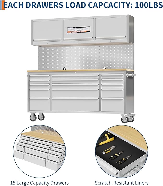 Heavy Duty 61" Tool Chest Cabinet, Mobile Garage Workbench with 15Drawers and Power Strip, Rubber Wood Worktop, 1675 LBS Load, Rolling Tool Storage Organizer for Mechanic, Shop or Home Use