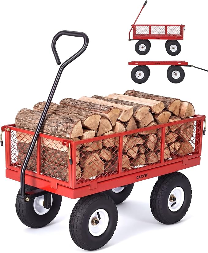 Garvee Versatile Outdoor Utility Cart - 400LBS Heavy-Duty, 10" All-Terrain Pneumatic Tires, Easy Maneuverable Lawn Cart with Removable Mesh Panels for Gardening & Landscaping,Red