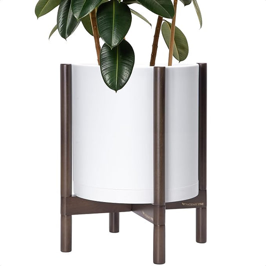 D'vine Dev Plastic Pot with Walnut Wood Stand, White, 14 in, 55-C-R-1 | Mid-Century Inspired Design, Elevated Plant Display, Clean Lines, Sturdy Support, Modern Space-Saving Style