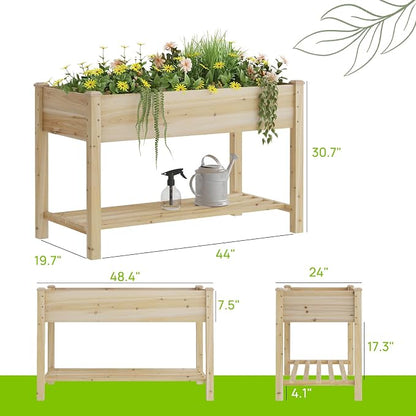 48x24x30.7in Wood Raised Garden Bed with Legs Wooden Planter Box with Storage Shelf Elevated Wood Planter Box for Vegetables Flowers Herbs Garden Planter for Backyard Patio Balcony (Natural, Medium)