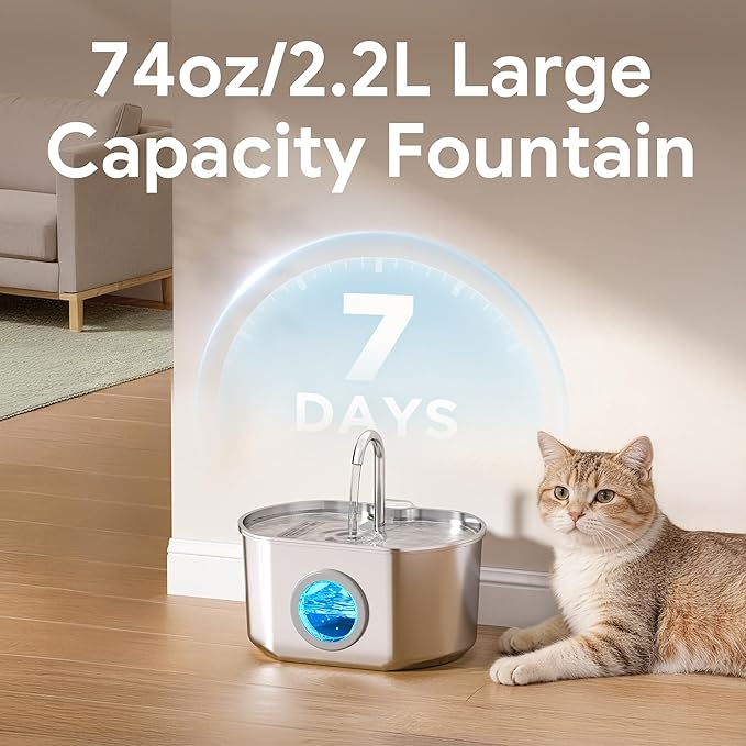 Cat Water Fountain Stainless Steel: 74oz/2.2L Cat Fountain for Drinking | Pet Water Fountain Inside - Automatic Dog Watering Dispenser Bowl - Pet Feeding & Watering Supplies (4 Filters)