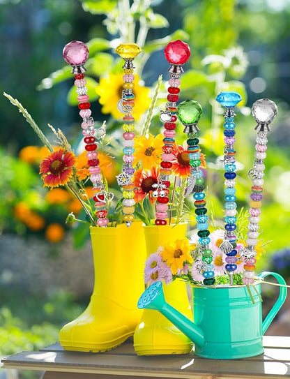 336 Pcs Beaded Garden Stakes DIY Fairy Wand Kit | 272 Colorful Assortment Round Large Hole Beads, Sparkling Silver Crystal Pendants, Stopper Top, For Outdoor Beadable Items