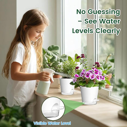 Meowell Self Watering Pots Pack of 6 – Different Size 4" to 7" Indoor Plant Pots with Drainage Holes and Clear Reservoir for Visible Water Level, Plastic Wicking Planters for House Plants, White