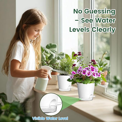 Meowell Self Watering Pots Set of 7 – Assorted Size 4" to 8" Indoor Plant Pots with Drainage Holes and Clear Reservoir for Visible Water Level, Plastic Wicking Planter for House Plants & Flower, White