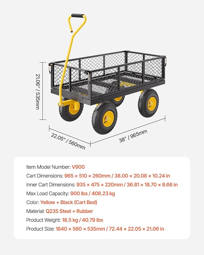 VEVOR Heavy Duty Steel Garden Cart 900 lbs Garden Wagon Cart on Wheels | Outdoor Metal Yard Utility Wagon with 10" Tires, Mesh Detachable Sides (Convert to Flatbed) and 180° Rotating Handle