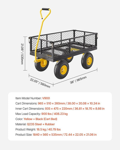 VEVOR Heavy Duty Steel Garden Cart 900 lbs Garden Wagon Cart on Wheels | Outdoor Metal Yard Utility Wagon with 10" Tires, Mesh Detachable Sides (Convert to Flatbed) and 180° Rotating Handle