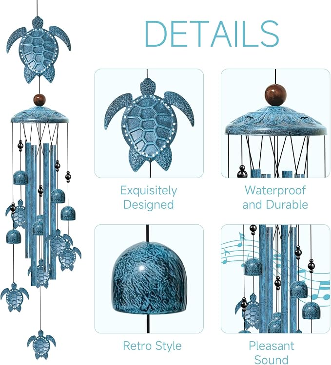 40" Sea Turtle Wind Chimes, Outdoor Aluminum Wind Chimes, Gift for Mom Grandma