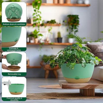 Koalaime 8/10/12 Inch Pots for Indoor Plants, Large Self Watering Planters with Drainage and Saucers, Plastic Outdoor Flower Pot, Set of 3, Green