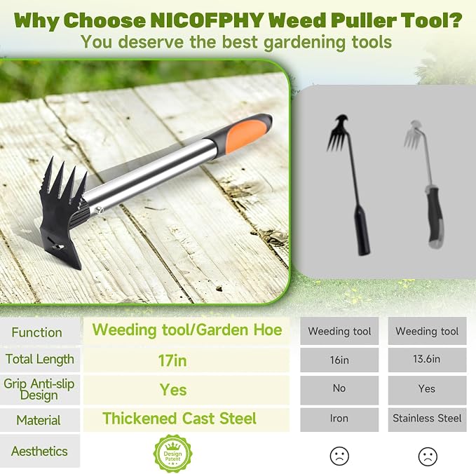 60" Weed Puller Tool with Long Handle and 17" Weeding Tools Gardening Set, Dual Side Hand Weed Rake and Hoe Garden Weeder, Weed Pulling Remover Tool for Yard, Patio, Lawn and Garden Planting (Black)