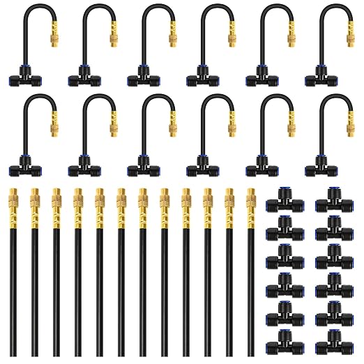12-Pack 7.8" Drip Irrigation Parts, 360° Adjustable Brass Misting Nozzles with Pneumatic Quick Connect Tee Connectors, Replacement Upgrade Accessories Kit for 1/4" Garden Bed Watering System