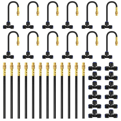12-Pack 7.8" Drip Irrigation Parts, 360° Adjustable Brass Misting Nozzles with Pneumatic Quick Connect Tee Connectors, Replacement Upgrade Accessories Kit for 1/4" Garden Bed Watering System