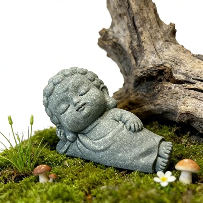 livelyfish Sleeping Buddha Statue Sandstone Buddha Figurine Zen Buddhism Sculpture for Aquarium Fish Tank Garden Home Decor (S)